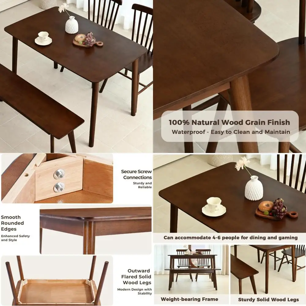 

Mid Century Modern Walnut Solid Wood Farmhouse Dining Table for Kitchen, Easy Assembly