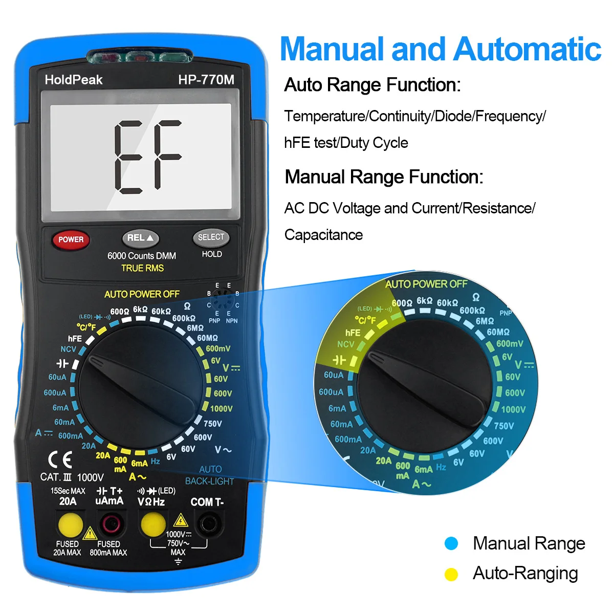 The HP-770M Digital Multimeter Measure Resistance, Capacitance, Diode, Frequency With Overload Protection 6000 Count LCD Display