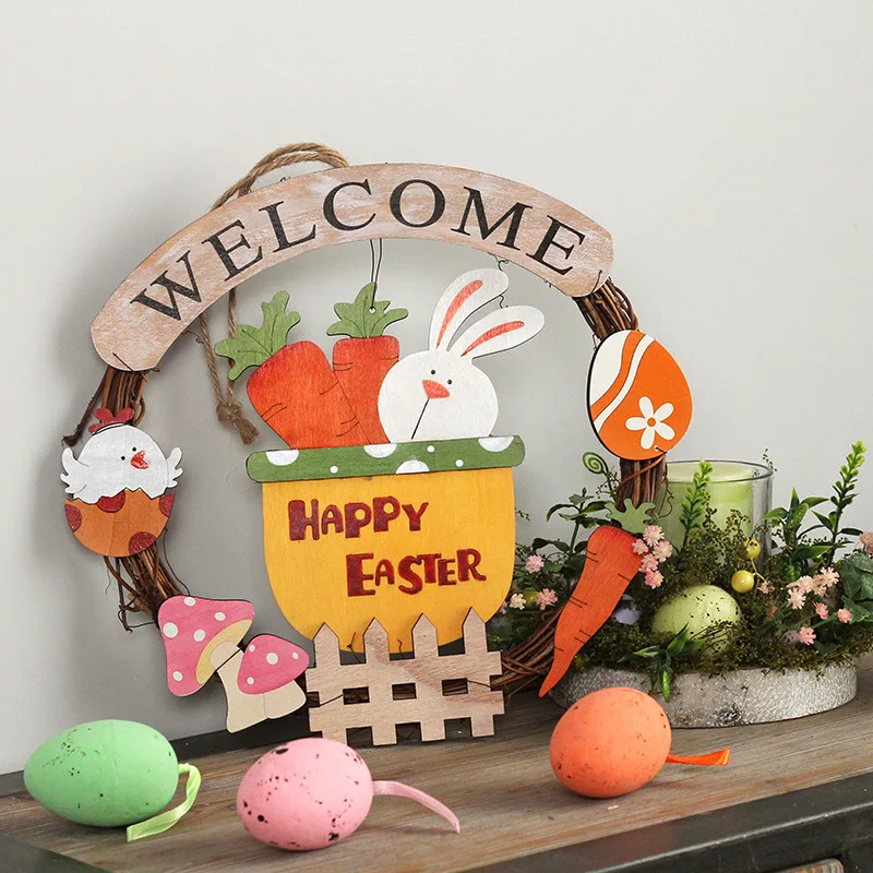 

Easter decorations, wooden rabbit resurrection egg wreath pendant wall hanging door hanging