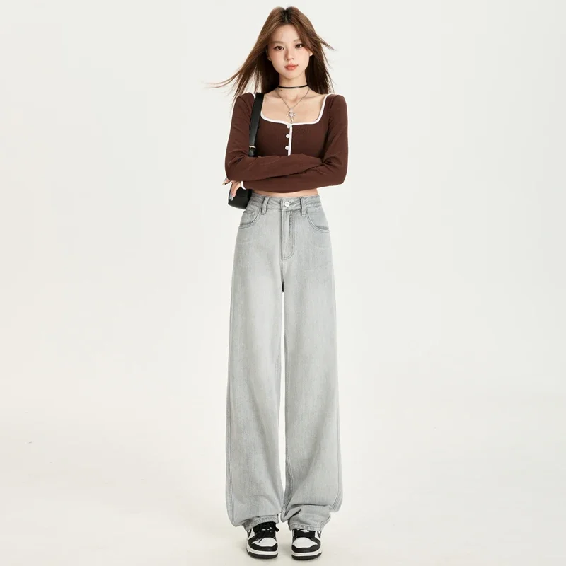 

Удобные женские джинсы с высокой талией, приятные для кожи, для отдыха, винтажные широкие джинсовые брюки в стиле Y2K, модные женские мешковатые брюки