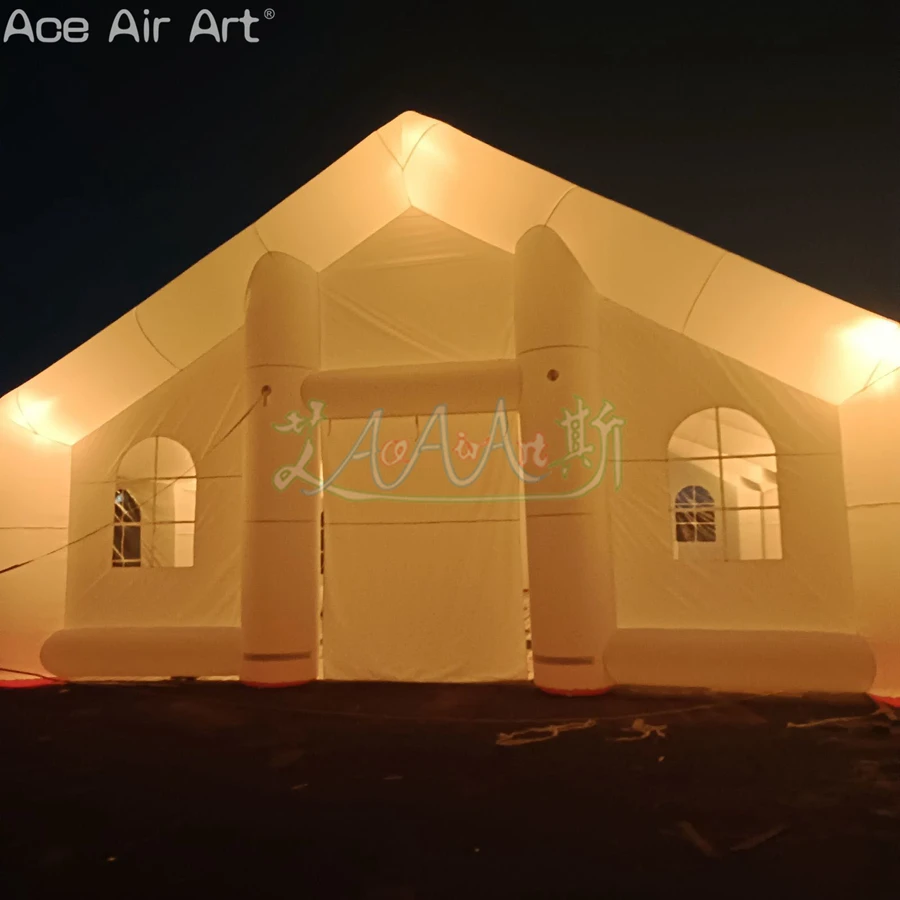 16x10x6m H Illuminated Inflatable Wedding Tent White Church Marquee with LED Lights and Air Blower for Proposal or Other Event