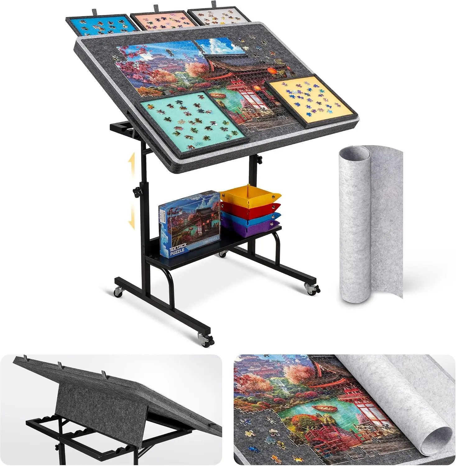 1500 Piece Felt Jigsaw Puzzle Table, Height & Angle Adjustment, 5 Sorting Trays