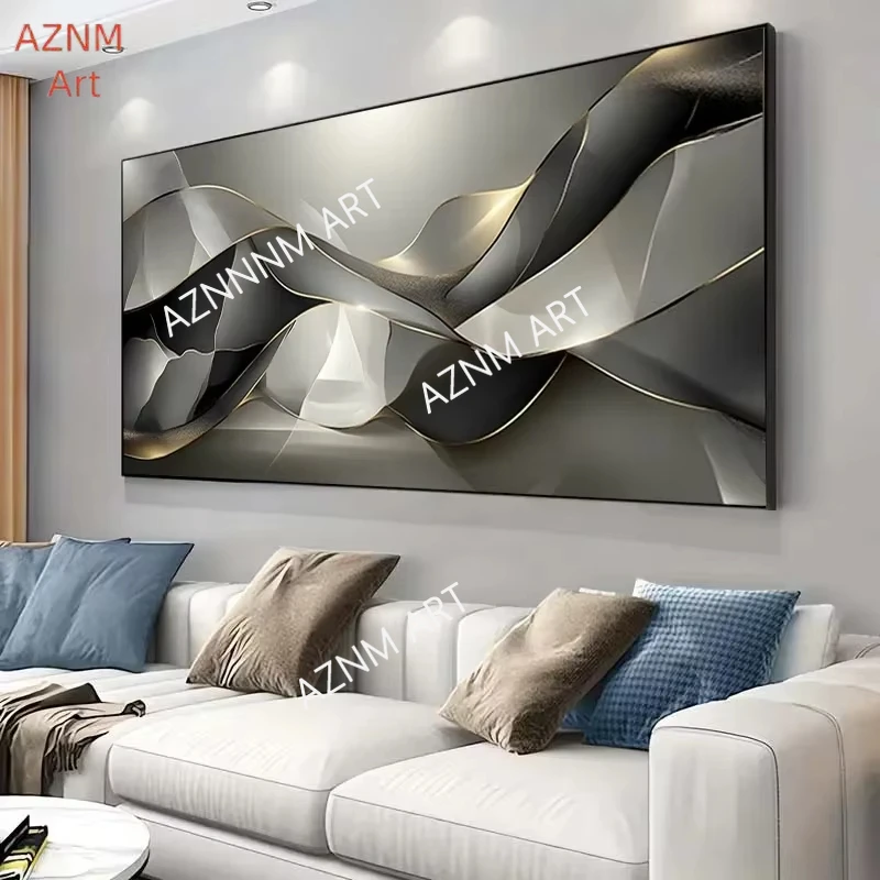 1 Stück, moderne abstrakte Leinwandkunst – goldene Linien und schwarz/grau strukturiertes Design für Wohnzimmer- oder Schlafzimmerdekoration,