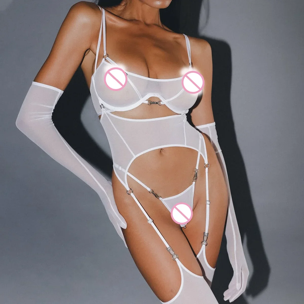 MUZISKAT 2025 Cross border Mesh Comfortable Breathable Belt with Stocking Body Shaping Ultra Thin Sexy Split Five Piece Set
