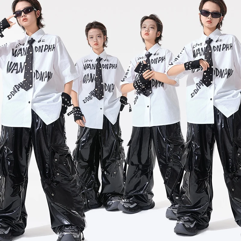 

Fashion Ballroom Dance Suits Boys Hip Hop CLothing White Shirt Leather Pants Stage Kpop Outift Girls Jazz Dancewear SL13235