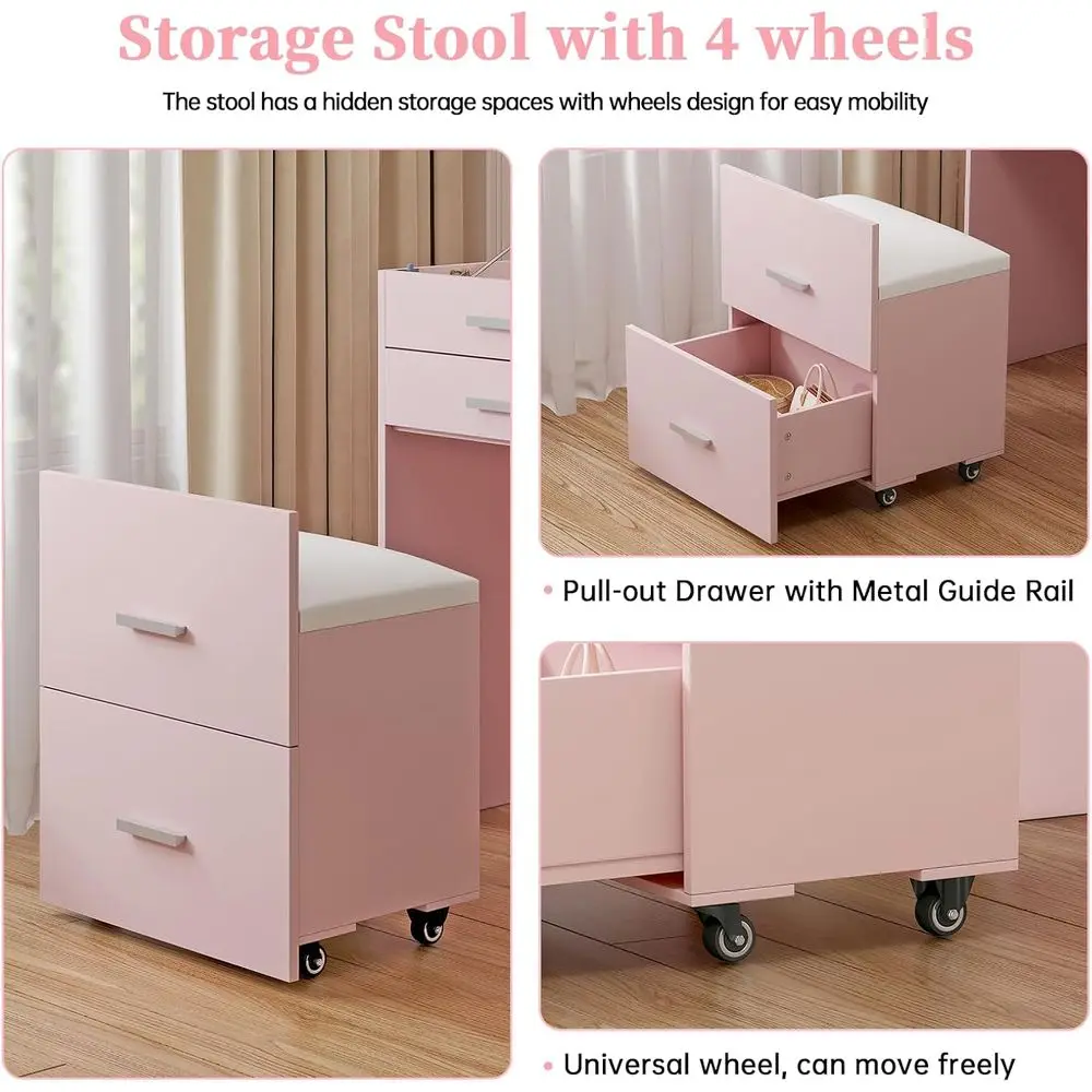 Compact Vanity with 3 Ders, 3 in 1 Vanity Desk, Makeup Desk with lip-up 3 ColLighting Mirror and Cushioned Stool, Small Vanities - view 6