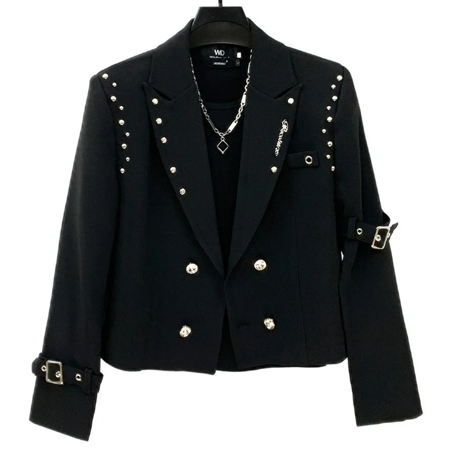 

Women's Short Black Blazer Coat with Padded Shoulders Rivet Detail Double-Breasted Tailored Jacket Chic Casual Edgy Outerwear