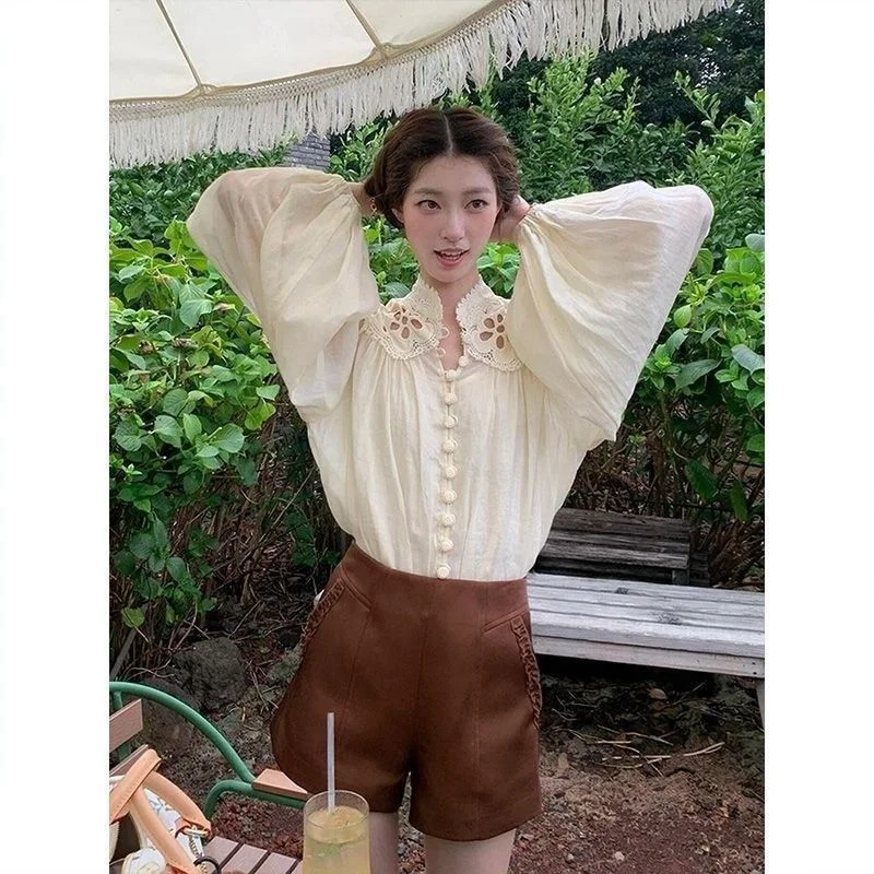 

French Lazy Style Hollow Embroidered Lantern Sleeve Shirt for Women 2025 Autumn New Design Loose Top
