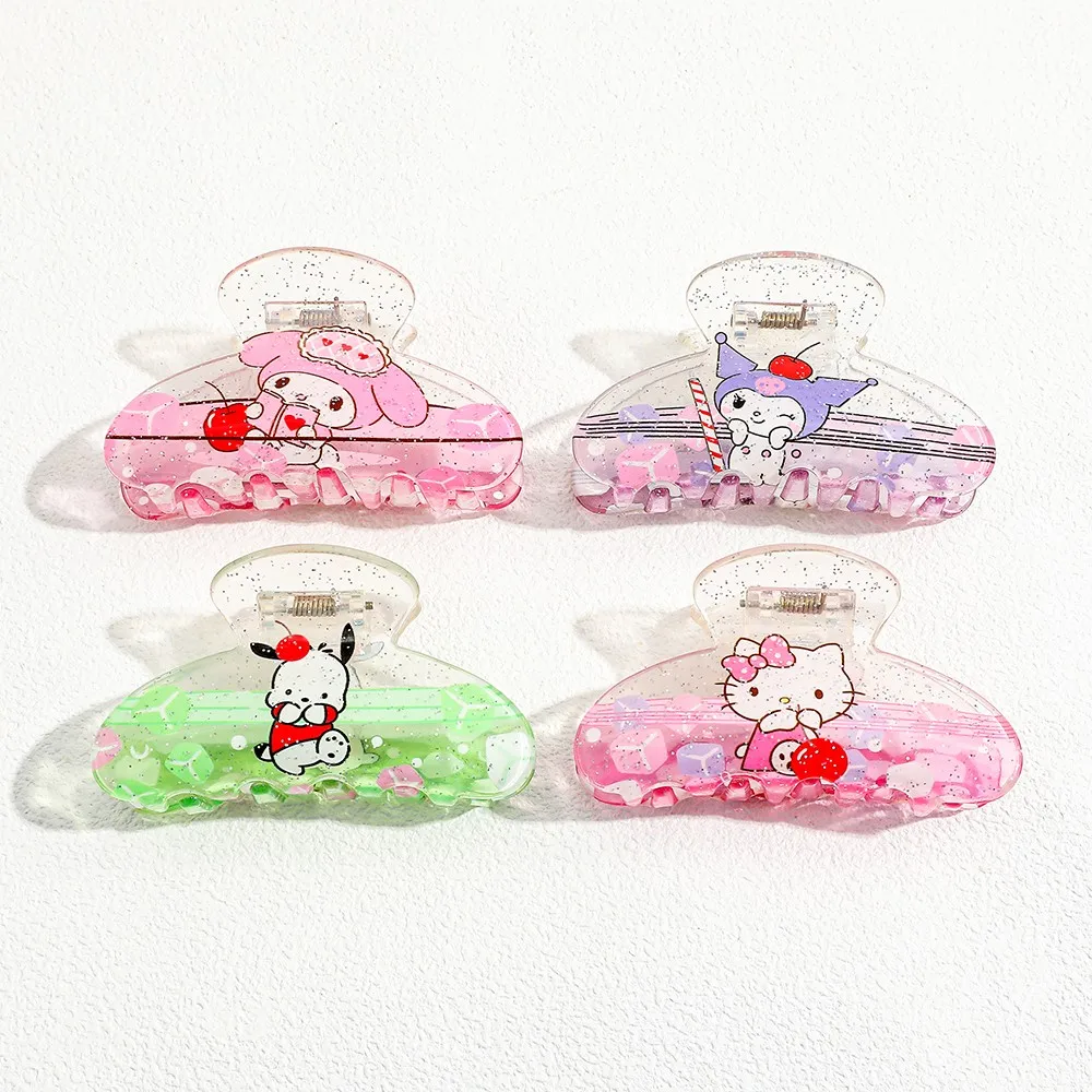 مشابك شعر لامعة شفافة تتميز بمي ميلودي وردي، كورومي أرجواني، بوشاكو أخضر، وشخصيات كرتونية هالو كيتي الوردية