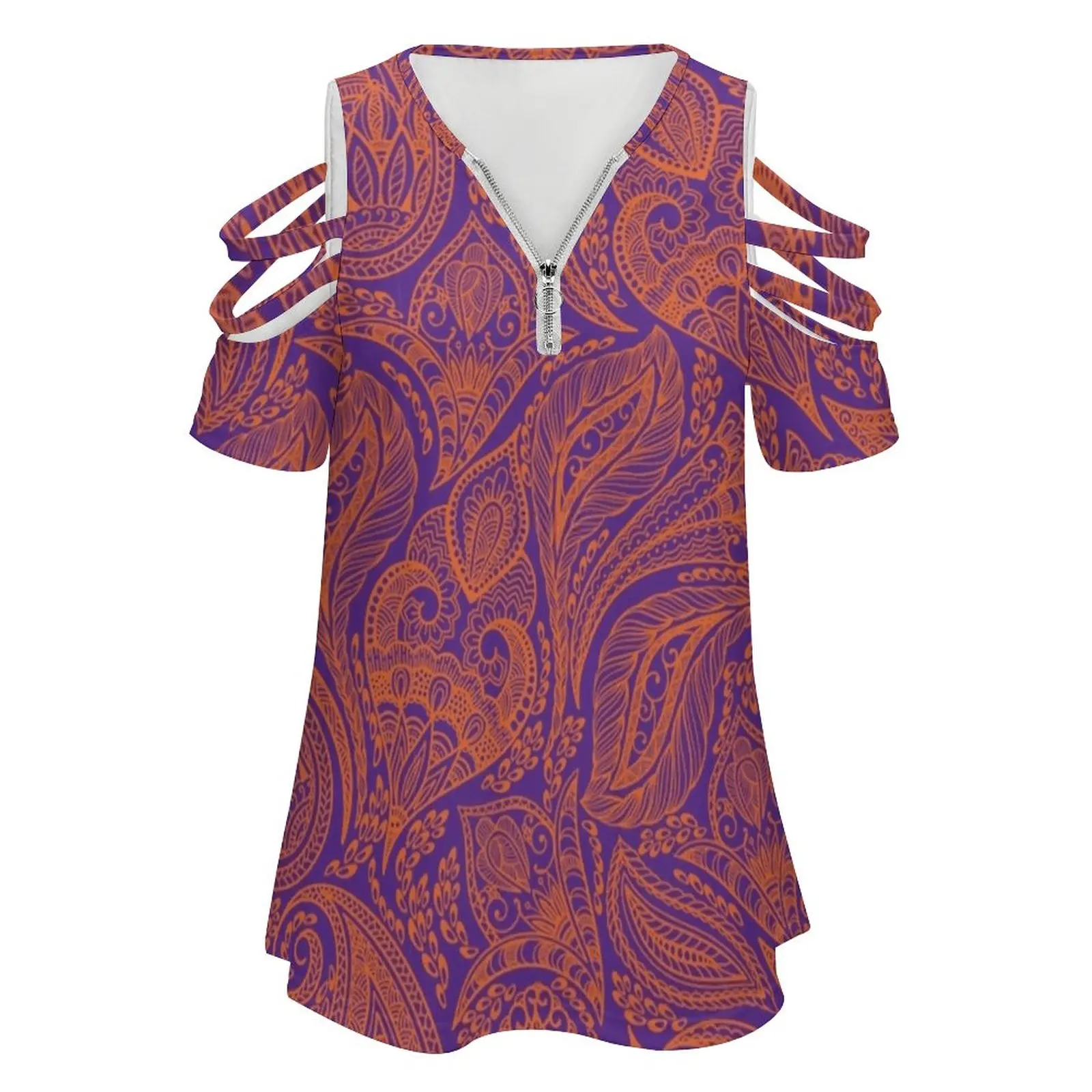 South Carolina-Indian Paisley New Fashion Zip Off Shoulder Top Short-Sleeve Women Shirt Clemson Tigers Orange Purple South