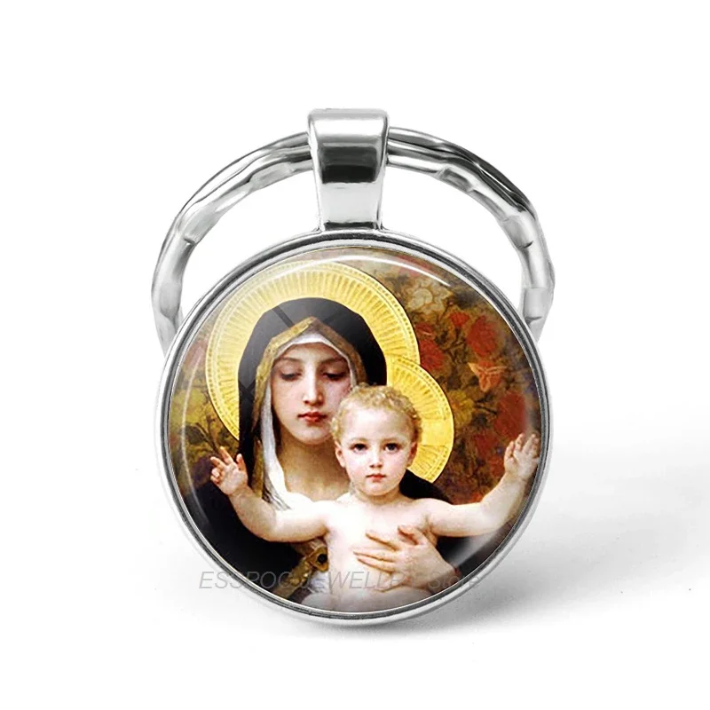 HOT Virgin Mary and Baby Jesus Christian Keychain Glass Jewelry Catholicism Key Chain Religion Easter Pendant Gift Dropshipping