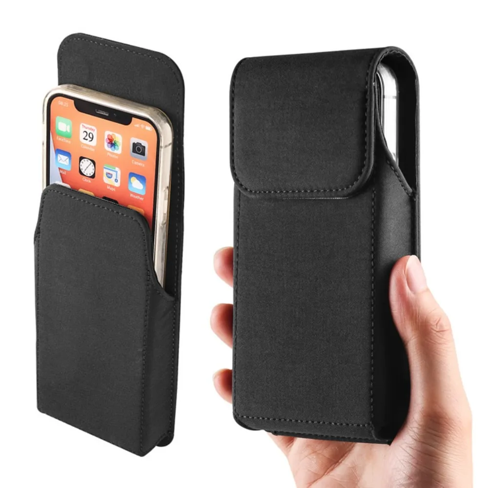 Vertical nylon fabric large-screen smart phone bag with wide buckle for wearing on a belt, men's magnetic snap waist bag
