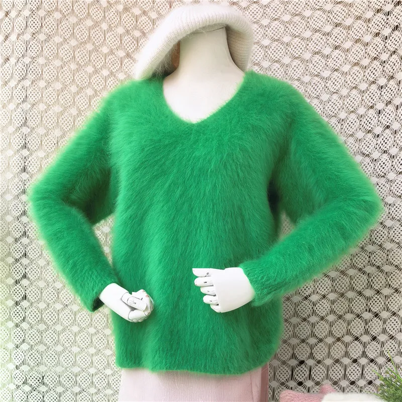 Ladies Women Autumn Winter Fashion Green Hairy Fuzzy Mink Cashmere Knitted V-Neck Long Sleeves Slim Blouses Sweater Jumper Pull