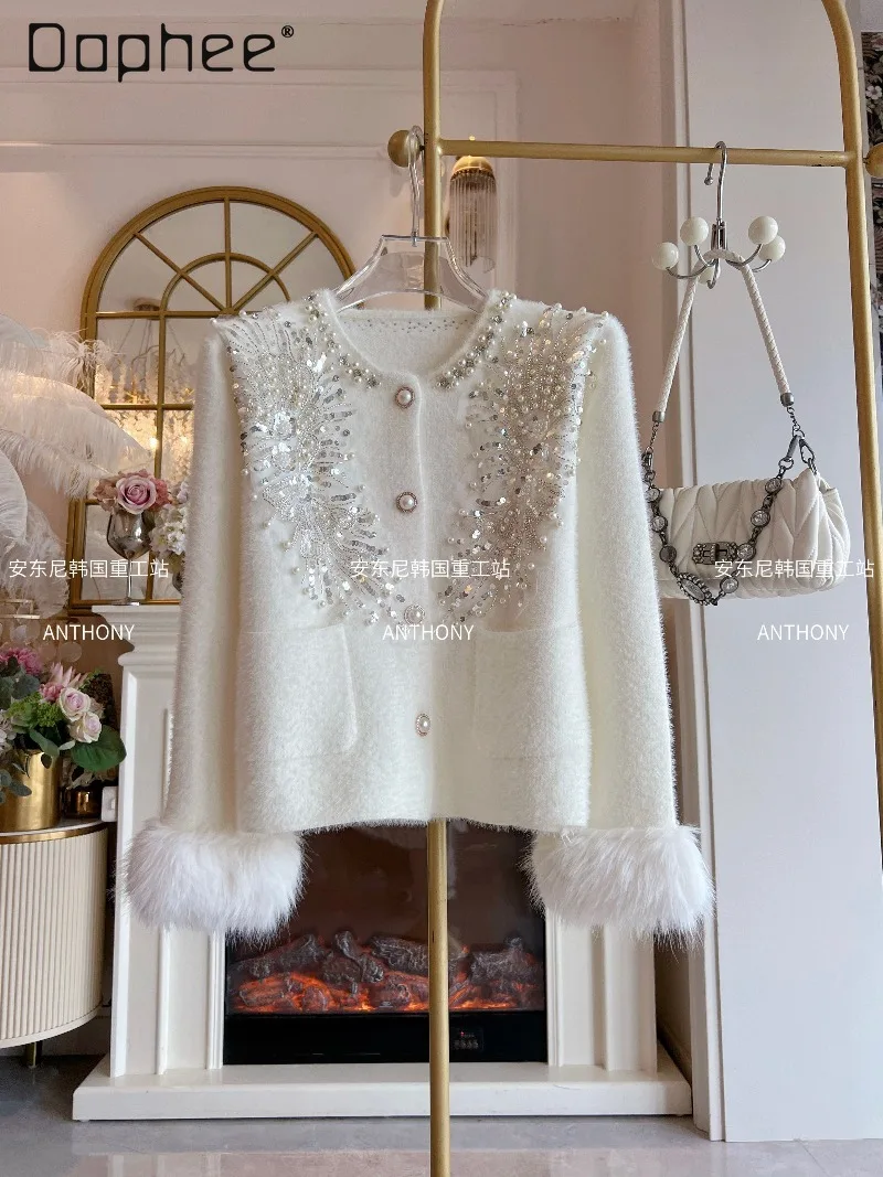 Kardigan Pendek Mewah Prancis Berpayet, Bordir Berat, Berhiaskan Batu Rhinestone, Lengan Panjang, Elegan, untuk Wanita Sosialita, Warna Putih