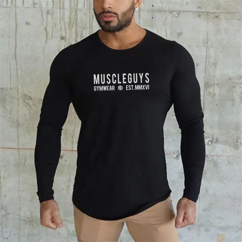 Mens Running T-Shirt Cotton Long Sleeve O Neck Autumn Winter Gym Muscle Fitness Workout Top Solid Print Casual Slim Fit Athletic