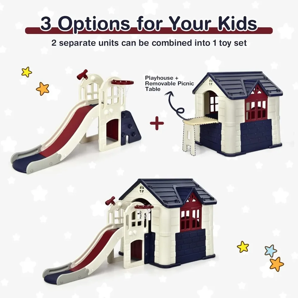 Playhouse. Kids Playhouse and Slide Set, 7-1 Outdoor Cottage Pretend Playhouse w/Working Doors, Windows, Picnic Table,