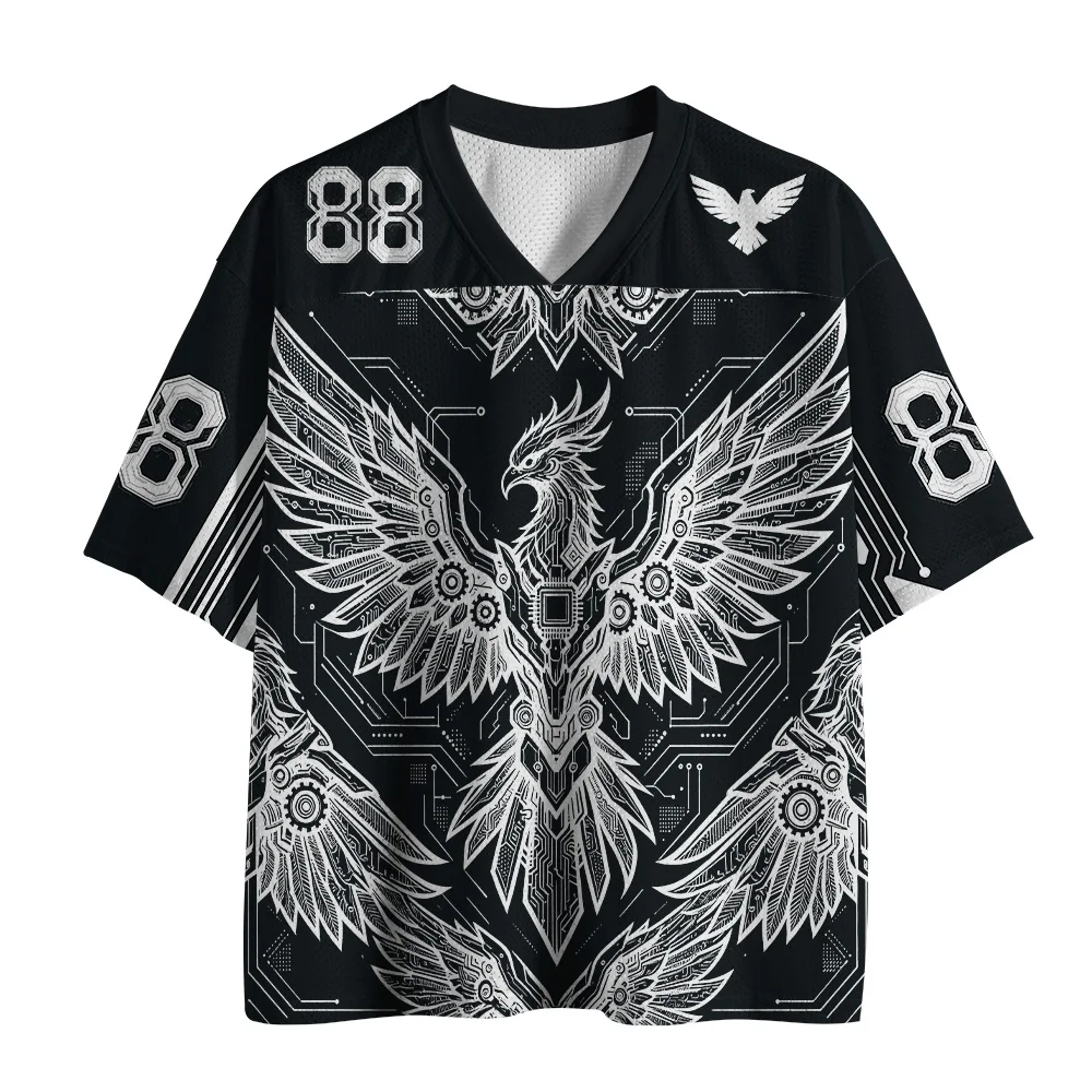 Camisetas de Manga Corta para Hombre y Mujer con Estampado 3D de Textura de Circuito en Blanco y Negro, Diseño de Águila Cibernética Mecánica