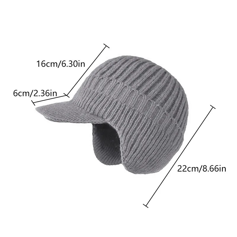 Men Winter Knitted Hat Outdoor Cycling Windproof Ear Protection Warmth Peaked Cap Thick Plus Fleece Baseball Cap 54-58cm