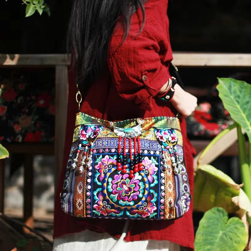 New Hmong canvas embroidery bags Handmade beaded accessory Messenger bag Large canvas Woman's handbag Vintage designer bags