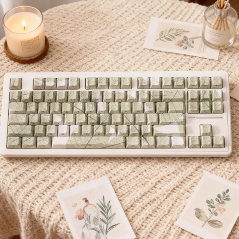 Leaf Patterned Keycaps Custom Green Transmission Point KeyCap PBT Cherry Profile Sublimation Key Cap for Mechanical Keyboard