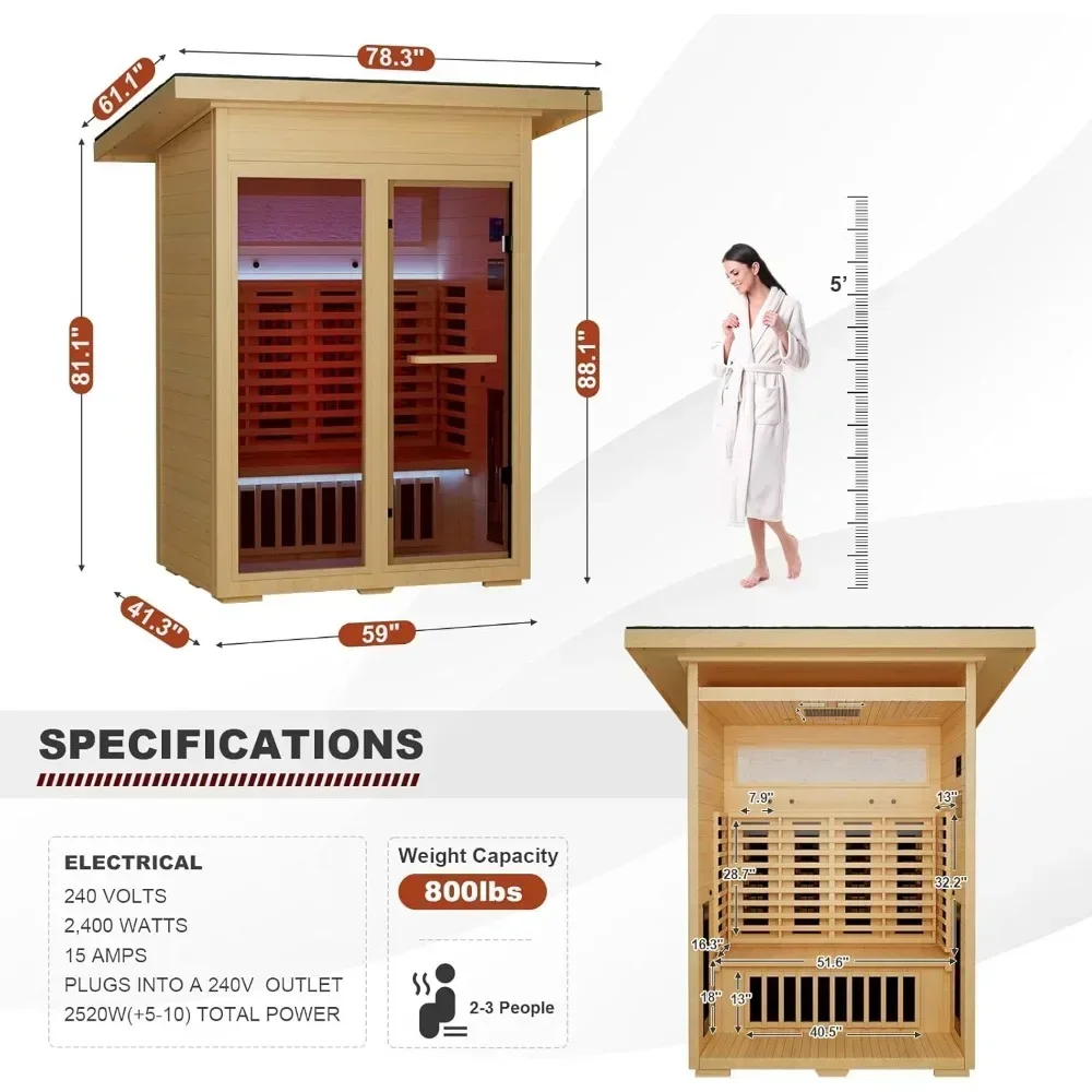 Wooden Sauna Room with Beauty Lamp Infrared Sauna, Full-Spectrum Infrared Outdoor Saunas for Home, (Outdoor Sauna 2 Person)