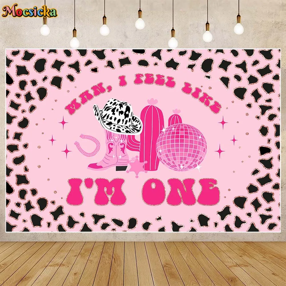 

Mocsicka Girl 1st Birthday Backdrop Cactus Disco Ball Cowgirl First Birthday Party Decorations I'm One Baby Background Photocall