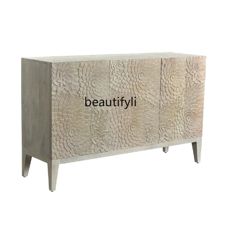 

45Retro old dining side cabinet American solid wood carving flower entrance cabinet living room TV cabinet storage