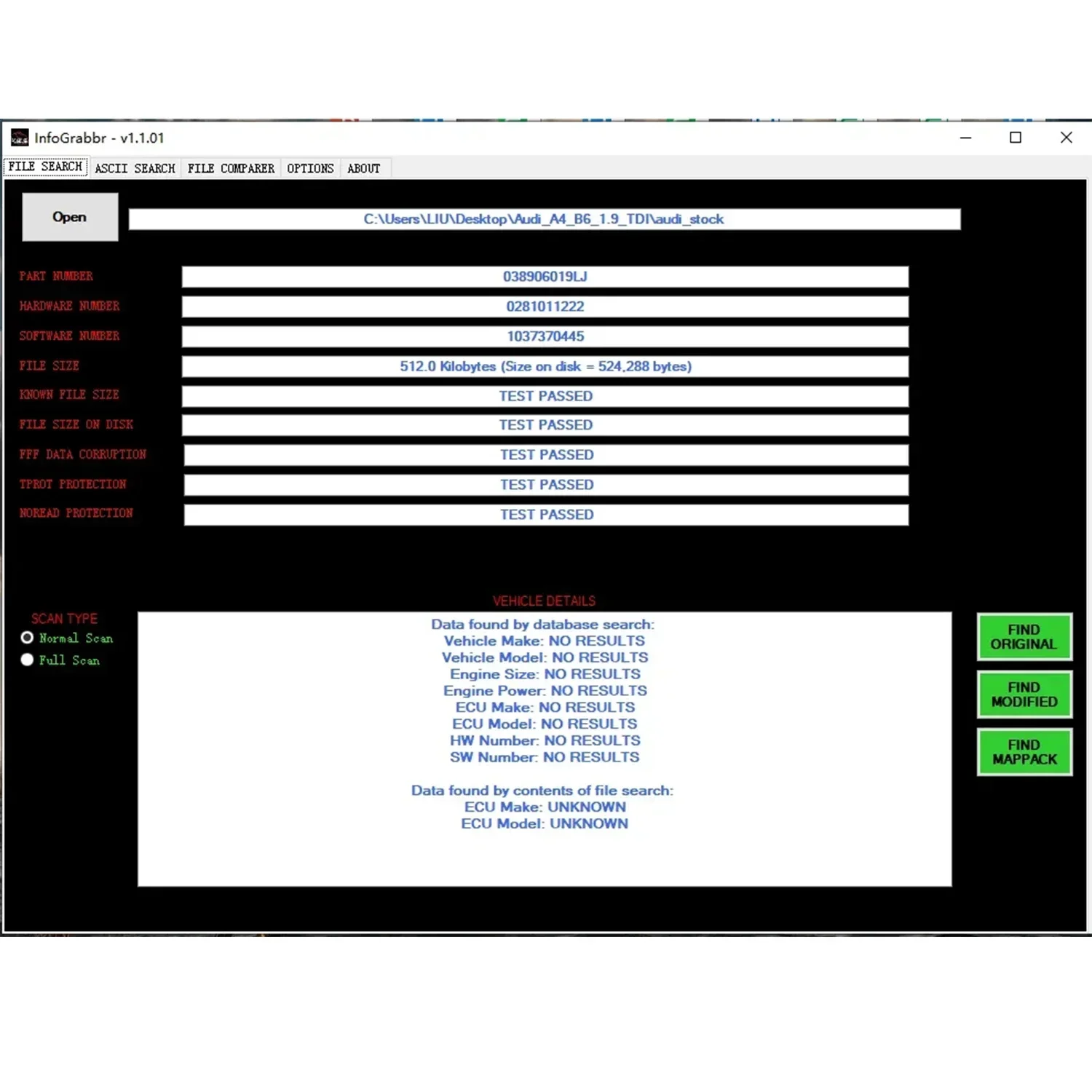 Picture 4: InfoGrabbr Information And File Testing Software For Remap Files Original/Modified File Searcher Corrupt File (Zero data) Test