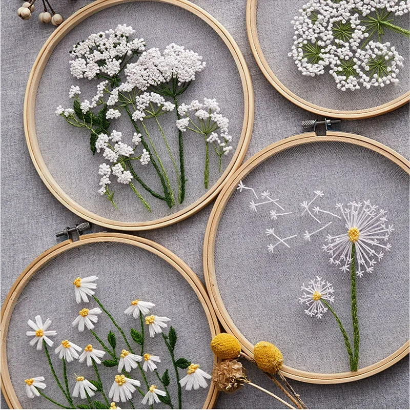 DIY Flowers Plants Pattern Embroidery Set Needlework Tools Printed Beginner Embroidery Round Cross Stitch Kit Sewing Craft Kit