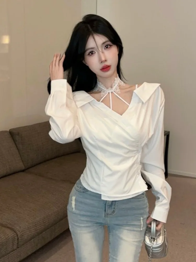 Sweet And Spicy Girl Irregular  Collar Shirt Women Summer Sexy One Shoulder Top Neck Hanging Strap Two Piece Set Commute ... view 2