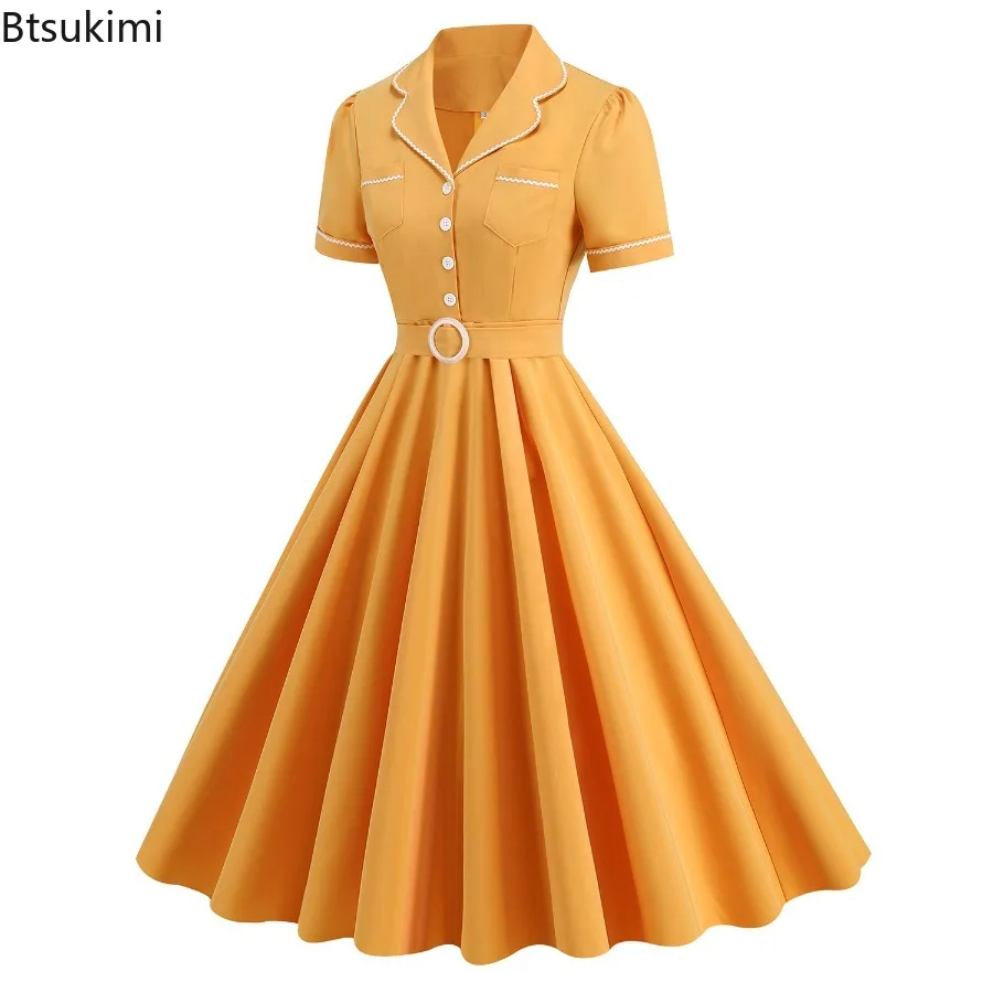 2025年新作 レディース ヴィンテージ ノッチカラー ポケット 無地 ロングワンピース カジュアル 夏 ボタンアップ エレガント スイングドレス