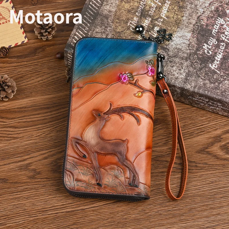 MOTAORA Genuine Leather Long Wallet Women Deer Embossed & Hand-Painted Phone Pocket Purse Vintage Zipper Coin Bag