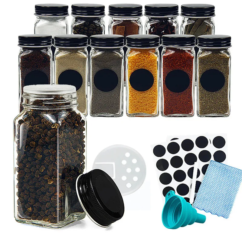 12-teiliges Glas-Gewürzgläser-Set mit Gewürzetiketten, leere quadratische Gewürzgläser – Streugläser mit versiegelten Metalldeckeln – zusammenklappbarer Silikon-Trichter – Detail 3