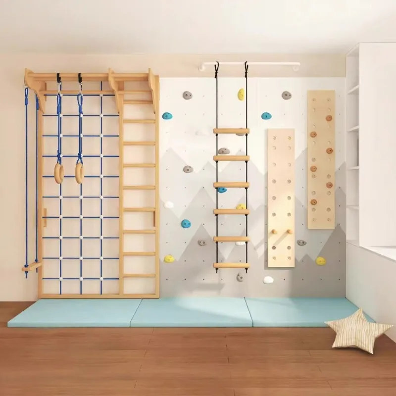 

Indoor Climbing Wall and Wooden Ladder Play Set for Kids Home Gym Multifunctional Playground with Rope Net and Peg