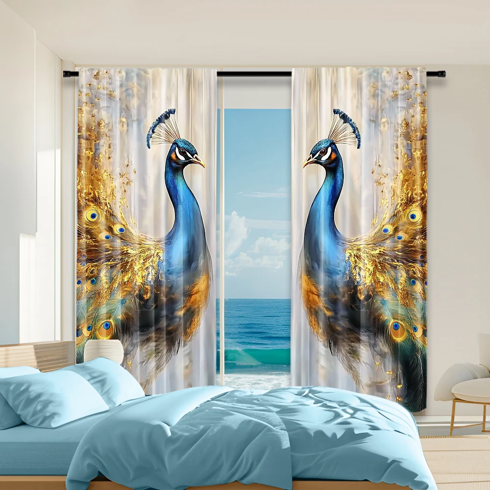 2Pcs Golden Feather Peacock Printed Window Curtains Elegance To Your Home With Luxurious Design And Vibrant Colors Machine