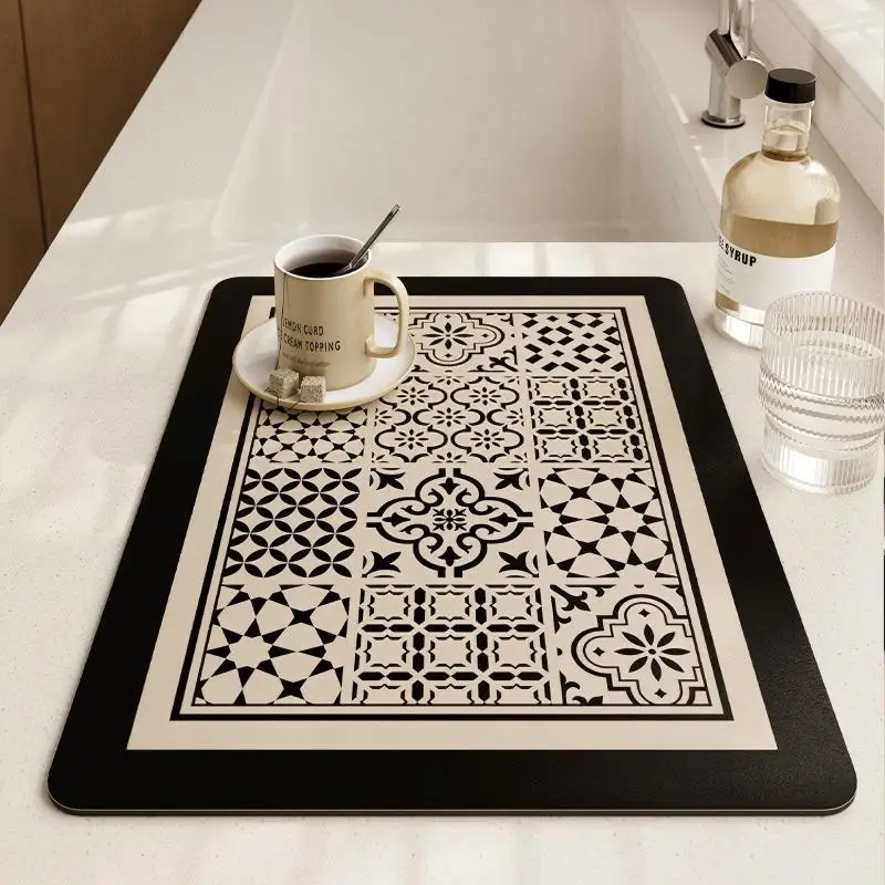 VIKAMA Kitchen Drain Mat Khaki Teapot Wonderful Life Print Dish Drying Mat Water Absorbent Quick Dry Anti Slip Soft