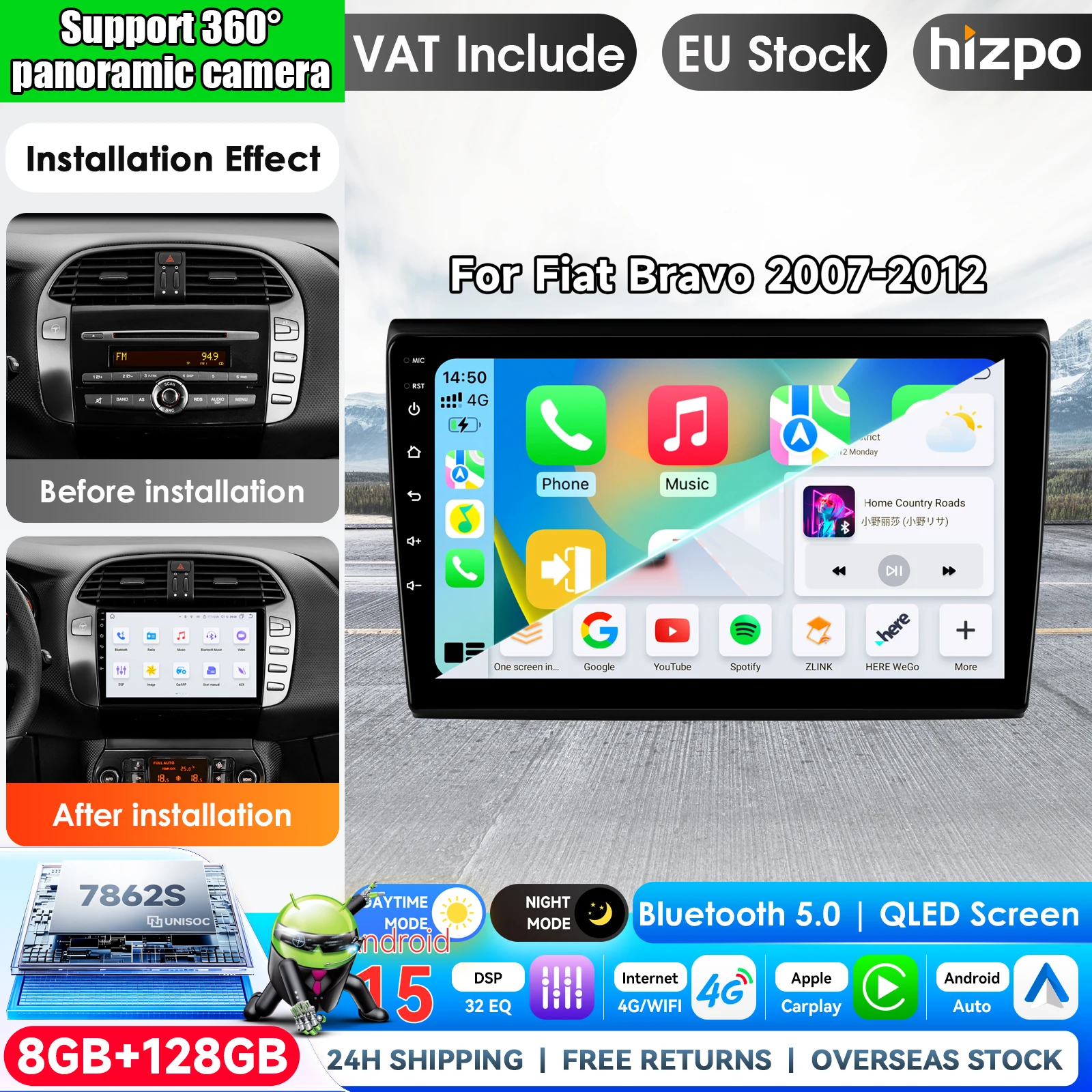 con Qualcomm 8-Core 360 ° Autoradio con CarPlay e Android Auto opzionali per Fiat Bravo 2007 2008 2009 2010 2011 2012, sistema stereo 2 DIN con GPS, SWC, Bluetooth, FM, RDS, DSP, schermo IPS,