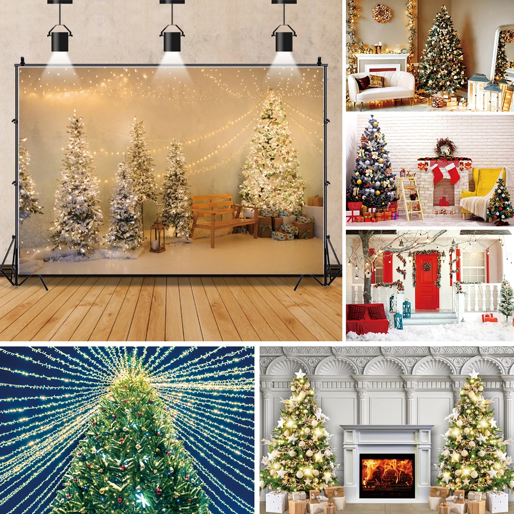 

Christmas Vintage Fireplace Photography Backdrop Rustic Xmas Tree Winter Christmas Party Backgound Child Portrait Photo Booth