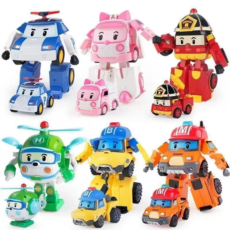 6pcs/set Cartoon Robocar Poli Action Figures Transformation Anime Hand Deformation Car Model Airplane Gift Toys Robots For