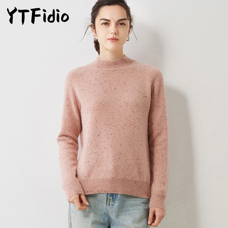 YTFidio 100% Cashmere Women Half High Collar Color Dots Knit Tops Loose Pullovers Jumper Soft Warm Sweater Streetwear 30