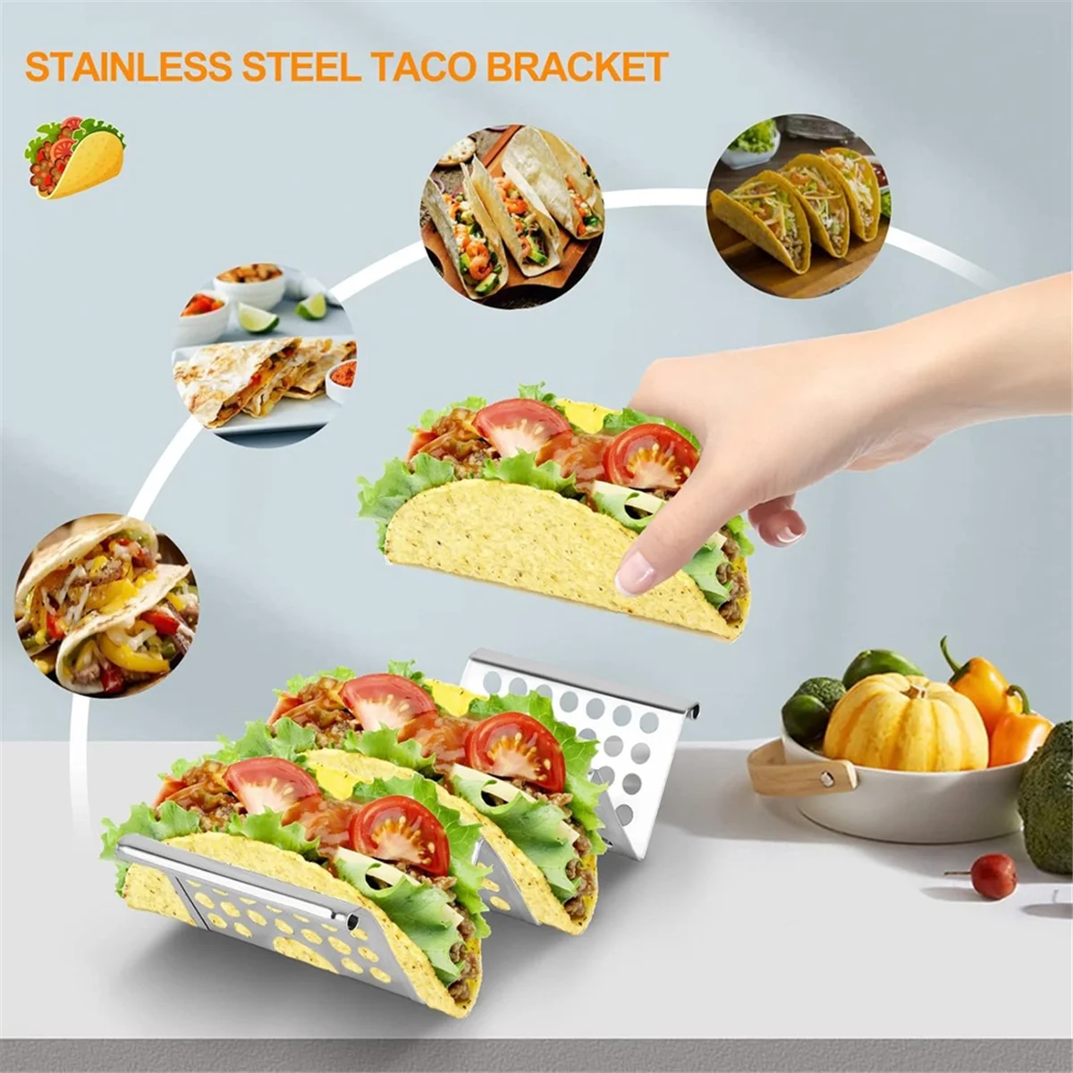 A95I-Taco-Halterständer, 4er-Pack Edelstahlständer mit Griffen, Taco-Tablett für bis zu 3 Tacos, Taco-Rack-Ständer