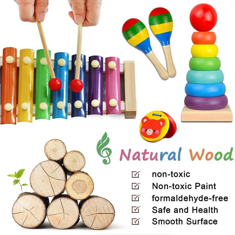 Giocattoli per strumenti musicali in legno per bambini giocattoli educativi per l'apprendimento precoce Montessori Baby sonaglio campana tamburo xilofono giocattolo regalo per bambini