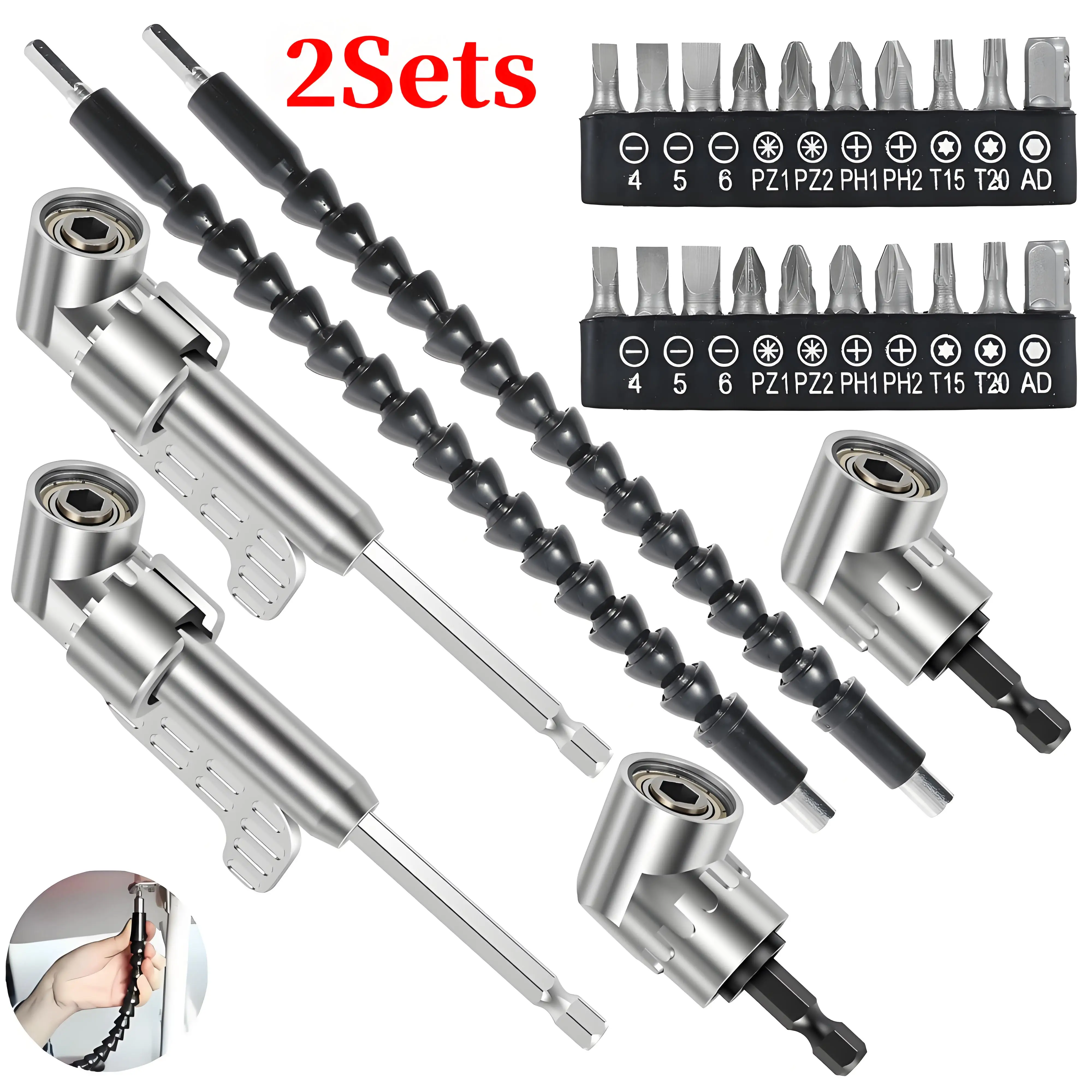 

2Sets Flexible105 Degree Right Angle Drill Adapter Sturdy Chrome Vanadium Steel Drill Attachment for Tight Space Household Work