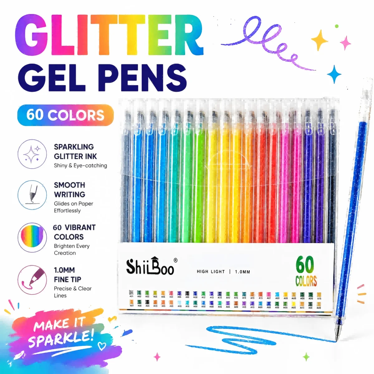Stylo Gel à paillettes en métal, 60 couleurs, 1.0mm, stylo à bille de couleur, papier cartonné, journal intime, dessin, marquage, coloriage, bricolage, Art