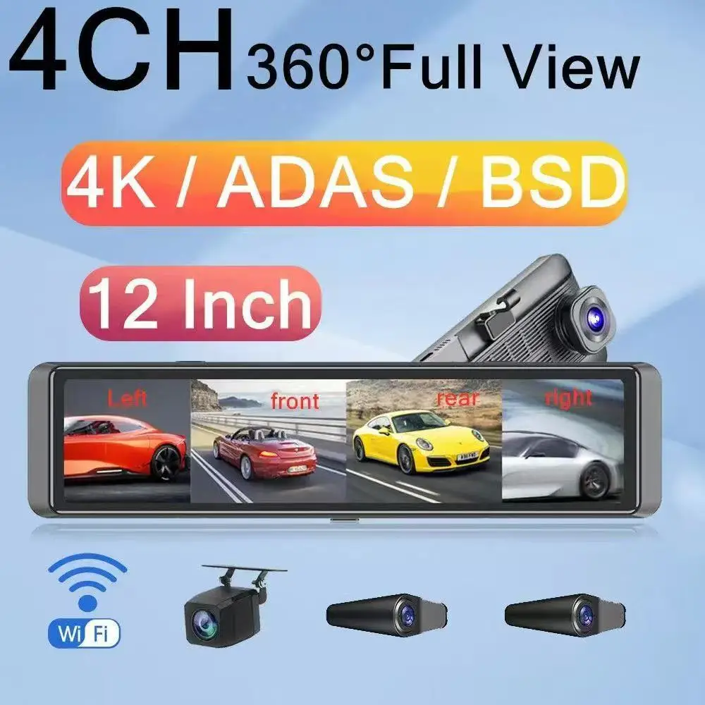 

360 degree 4K blind spot warning 12 inch full screen 4 recording streaming media rearview mirror BSD high definition driving