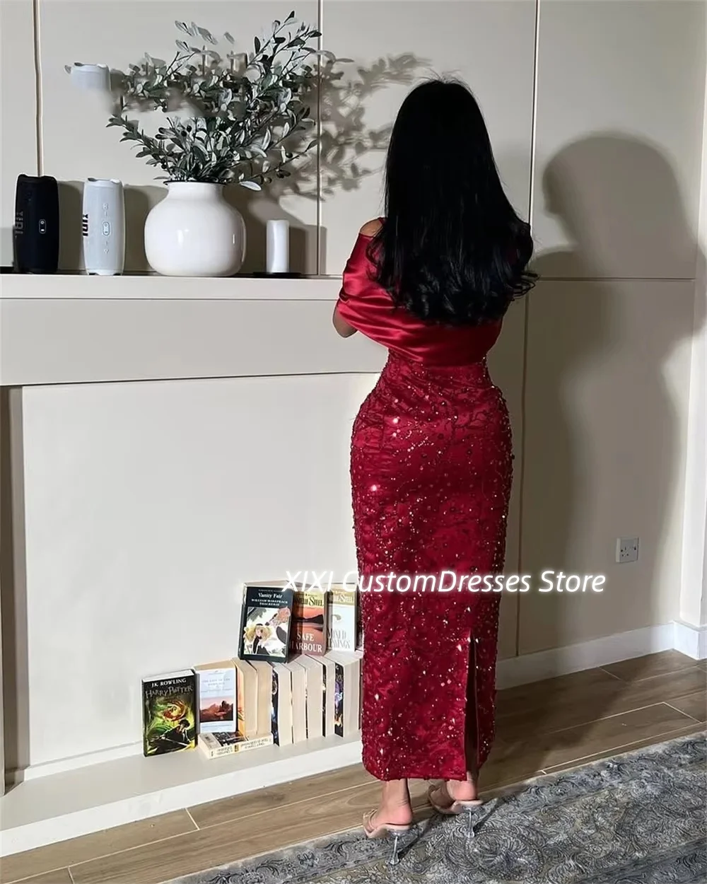 تخصيص فساتين Fساتين سهلة الاستخدام بدون حمالات باللون الأحمر بطول الأرض للحفلات الراقصة وأشرطة كاب مكشكشة وسحاب حتى الفساتين للمناسبات الخاصة #4