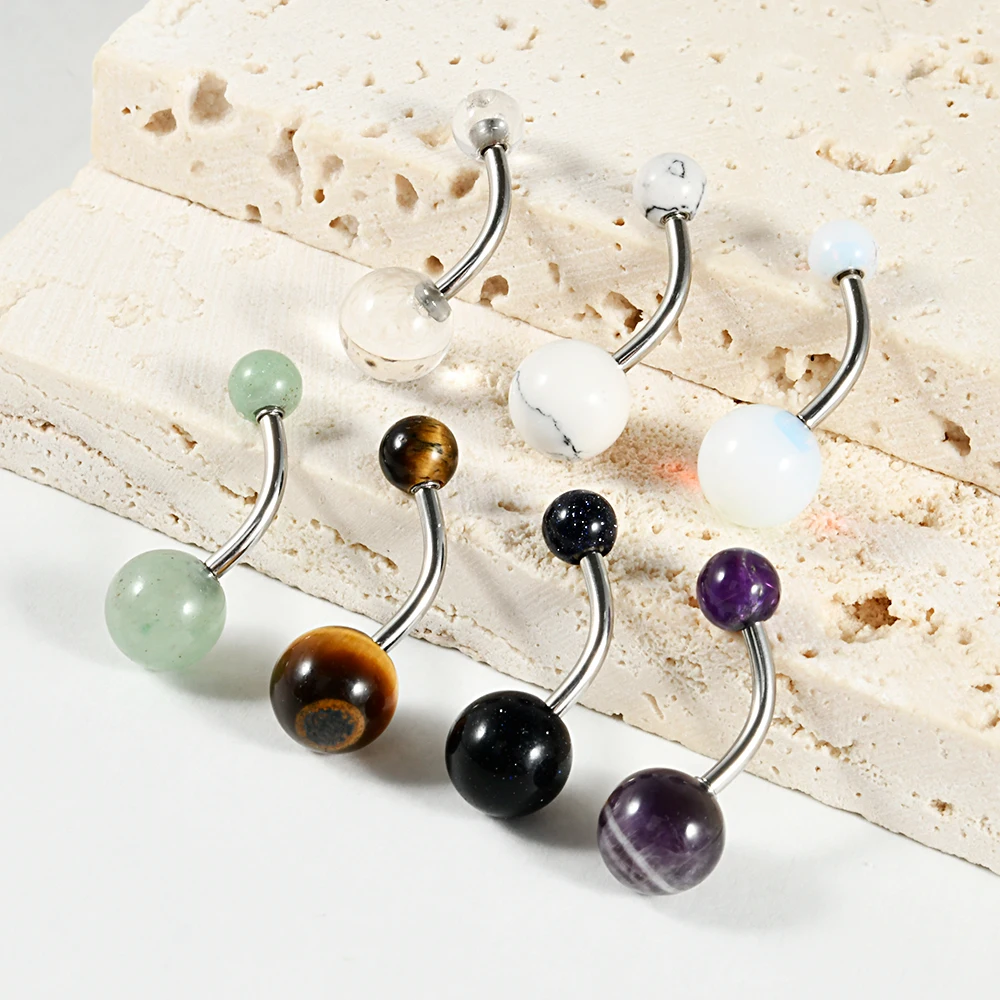 1PC Stainless Steel White Crystal Stone External Threaded Belly Curved Button Rings Navel Belly Bar Piercing Body  Jewelry