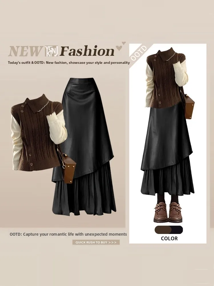 Retro Knitted High Waist Leather f Skirt Women's Winter Set Luxury Feel Casual Sle Long Sve Flip Collar Autumn Winter...