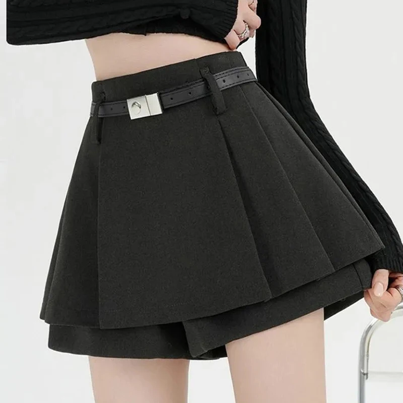 Korean Woolen Sexy Mini Skort Women Black Pleated Preppy Skort A Line Classic Simple High Waisted Casual Harajuku Y2K Skort