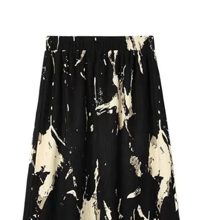 Fashion Vintage Black Ink Print Skirt for Women Y2k Elastic Waist A-line Skirts Autumn Winter New Mid-length Faldas Mujer